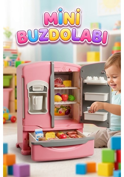 Pilli Işıklı Duman Atan Oyuncak Mini Eğitici Evcilik Oyuncak Buzdolabı Seti