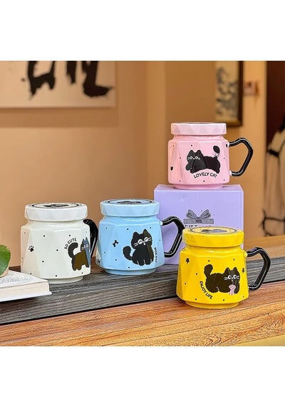 3d Kedi Figürlü Kapaklı Kupa Bardak Mavi