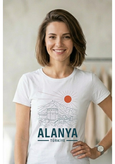 Baranışık Alanya Kale Silüeti Baskılı %100 Pamuk Unisex Tişört Beyaz