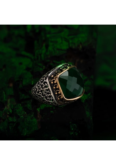 Fasetli Yeşil Zirkon Taşlı Telkari Kasa 925 Ayar Gümüş Erkek Yüzük Gümüş