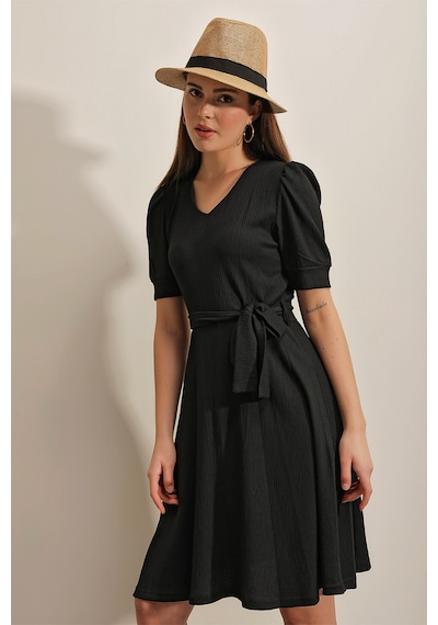 Bigdart 2370 Kuşaklı Örme Elbise - Siyah 001