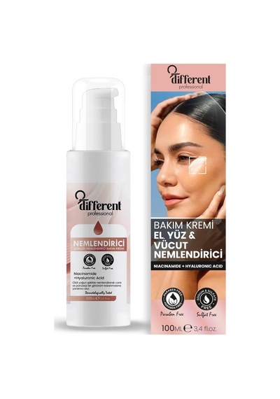 Different Professional El, Yüz, Vücut Bakım Kremi, Su Bazlı, Yoğun Nemlendirici, Yağlı His Bırakmayan Formül, 100ml