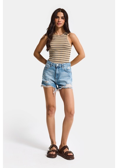 Itsbasic Kadın T.kot Rengi 12s5-32 Mini Boy Yüksek Bel Curved Yırtık Detaylı Püsküllü %100 Koton Denim Şort