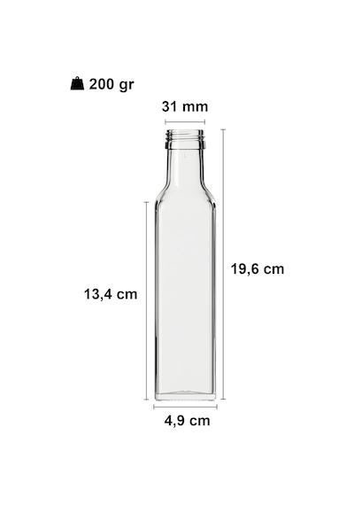 Kalın Cam Şişe Seti, 250 Ml, Yağdanlık Akıtıcılı Kapaklı, Yağlık Ve Sirkelik, Kapüşonlu, 6 Adet, Yeniden Kullanılabilir Şeffaf, Maraska Kare