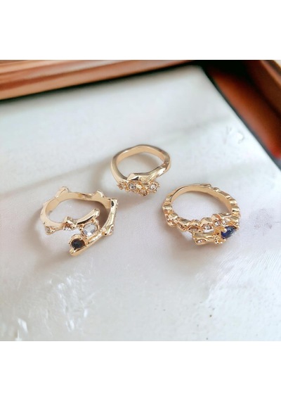 3'lü Modern Vintage Yüzük Seti Altın Renk Gold