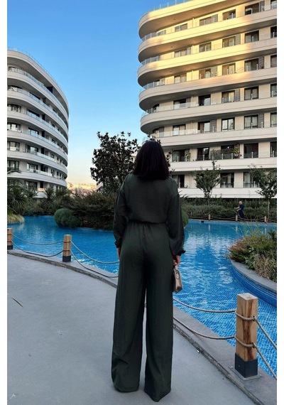 Kadın Haki Uzun Kol, Gömlek Yaka, Beli Lastikli, 4 Cepli, Bilekleri Lastikli, Salaş Tulum Haki
