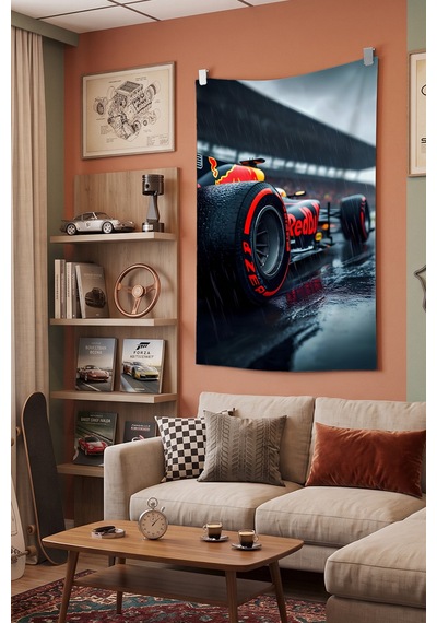 Kırmızı F1 Araba Duvar Örtüsü, Racing Oda Dekoru, Araba Temalı Kumaş Duvar Halısı Beyaz