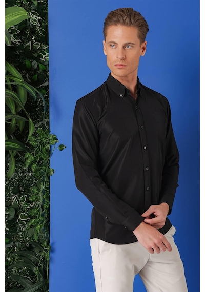 Efor Slim Fit Düğmeli Yaka Pamuklu Klasik Siyah Gömlek Gk 715 Siyah