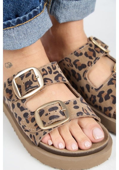 Manijero İrene Platform Deri Kadın Terlik Leopar-7125 Leopar
