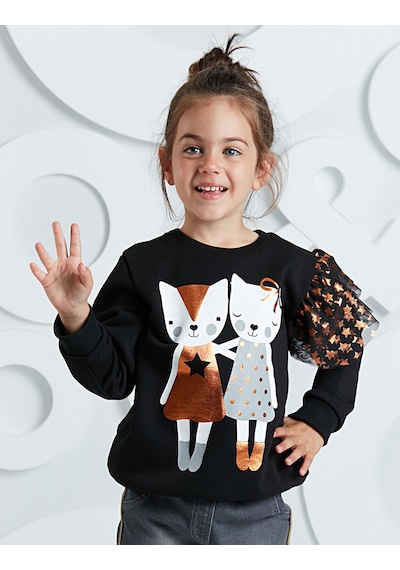 Kız Çocuk Yıldız Desenli Siyah Uzun Kollu Sweatshirt 4-10 Yaş