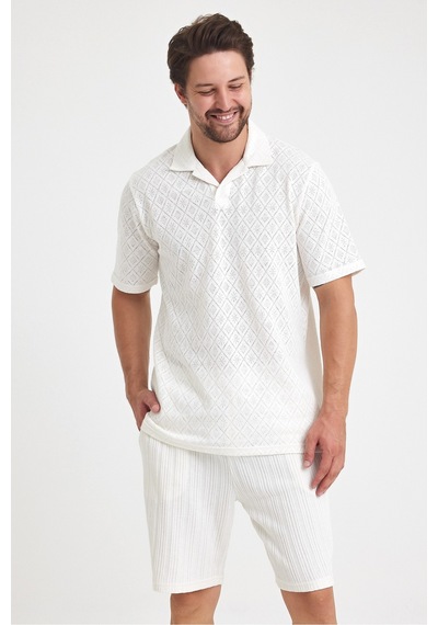 Tarz Cool Erkek Jakarlı Baklava Desenli %100 Pamuk Polo Yaka T-shirt Beyaz