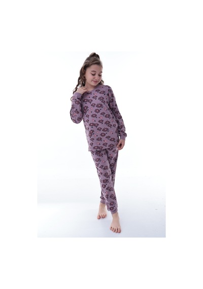 Kız Çocuk Çiçek Desenli Pamuklu Pijama Takımı 8-13 Yaş Rahat Uyku Takımı Mor