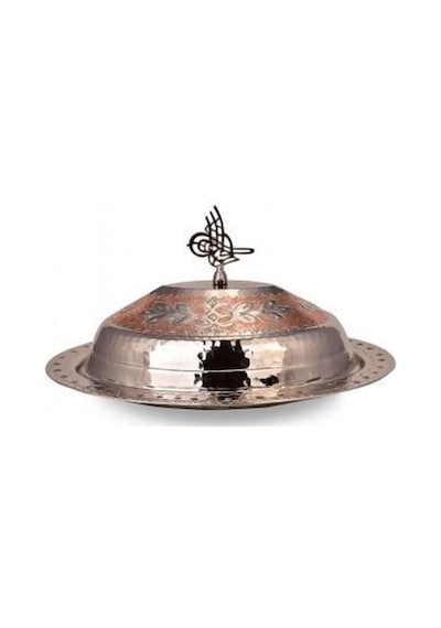 Turna Bakır Hanedan Klasik Kapak Kayık Sunum Tabağı 40 Cm El İşleme Kırmızı Beyaz Turna4426-7