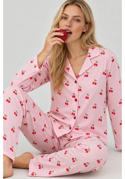 Fit Women Kadın Kiraz Desenli Pötikare Pembe Pijama Takımı 4793