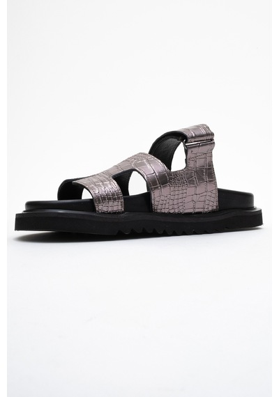 Luvishoes Luvi Shoes Loana Platin Baskı Hakiki Deri Kadın Terlik Platin