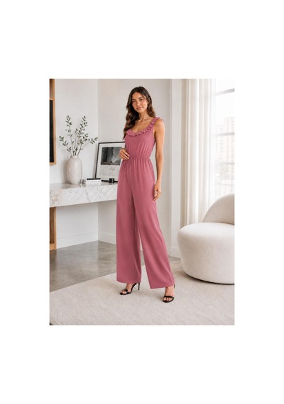 Unika Boutique Kadın Bürümcük Askılı Fırfırlı Bol Paça Tulum Pembe