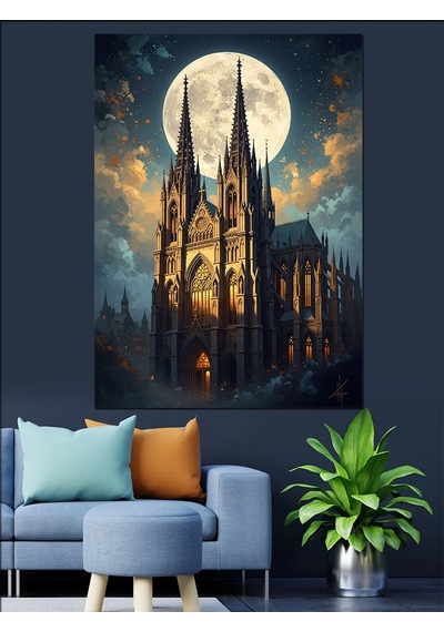 Ahşap Tablo Gece Işıkları Altında Tarihi Katedral