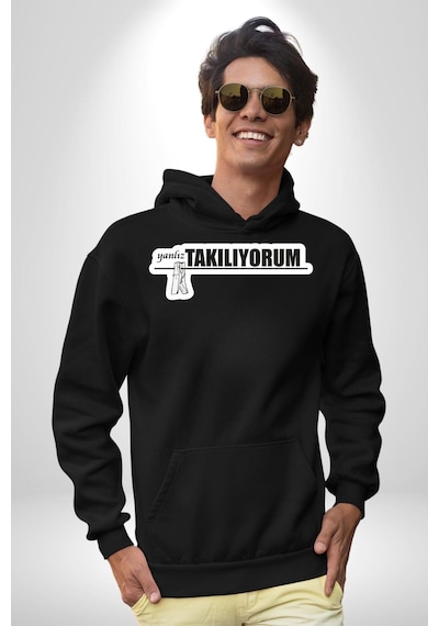 Yalnız Takılıyorum Yazılı Kadın Erkek Siyah Kapüşonlu Sweatshirt Hoodie Siyah