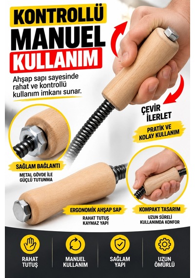 13 Mm X 15 Metre Spiral Kanal Açıcı Ahşap Saplı Manuel Gider Açma Teli, Uzun Erişimli Tesisat Spir