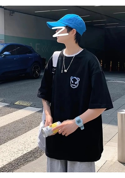 Barlashive Erkek Tişört Bisiklet Yaka Kore Tarzı Baskı Kısa Kol T-shirt - Siyah Çok Renkli Barlashive Erkek Tişört Bisiklet Yaka Kore Tarzı Baskı Kısa Kol T-shirt - Siyah Çok Renkli