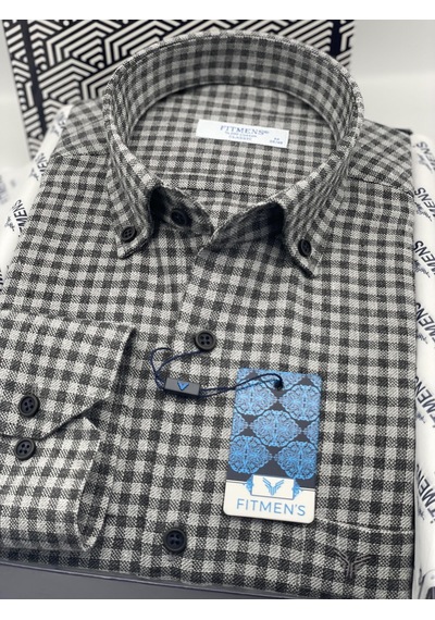 Klasik Uzun Kol Kışlık %100 Cotton Kareli Yaka Düğmeli Hediye Kutulu Erkek Gömlek Fs-003127 - Gri-2949