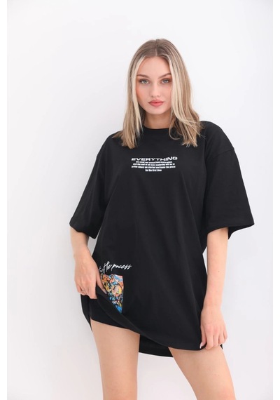 Novalisse Kadın Bisiklet Yaka Baskılı Oversize T-shirt - Siyah Çoklu Renk