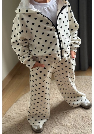Boyboy Kidswear Kız Çocuk Puantiyeli Kapüşonlu Eşofman Takımı Ekru