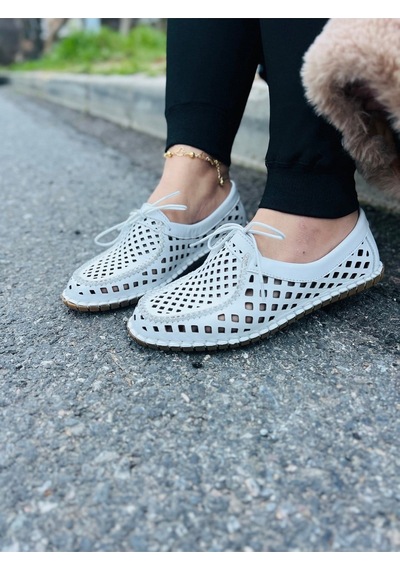 Dabab Shoes Vırena Kadın Beyaz Hakiki Deri File Bağcıklı Düz Taban Yazlık Babet Loafer Ayakkabı