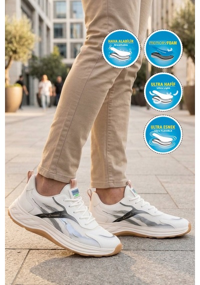 Voyager Krem Fileli Memory Foam Erkek Günlük Spor Ayakkabı Hafif Esnek Sneaker E275 M