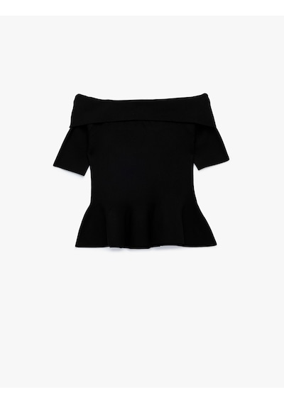 Koton Viskon Omzu Açık Kısa Kollu Peplum Triko Kazak Siyah 7wak90683ht