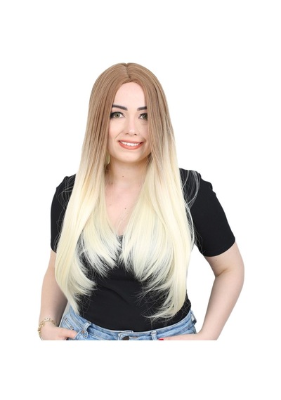 Fiber Sentetik Uzun Düz Peruk / Balköpüğü / Platin Ombreli - Rxlu-461998 Renkli