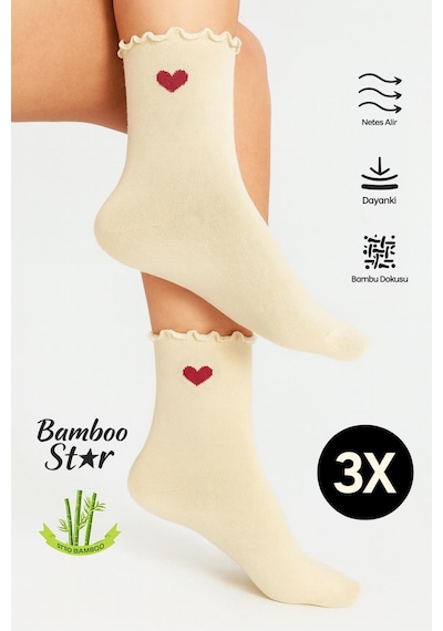 Bamboo Star Bambu Kadın Fırfırlı Lastiksiz Kalp Desenli Kadın Soket 3'lü Krem Çorap/iz Bırakmaz/sıkmayan Çorap