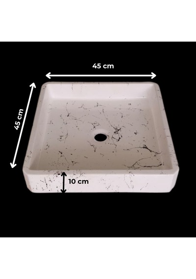 Mermer Desenli Tezgah Üstü Kare Model Taş Lavabo 45 X 45 Cm Beyaz