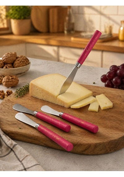 5 Parça Uzun Kahvaltı Bıçak - Kırmızı Mermer Desen Saplı 16.5 Cm Bx40 Çok Renkli