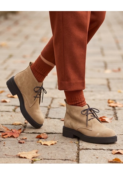 Futsishoes Aspen Camel Hakiki Süet Deri Bağcıklı Kısa Günlük Kadın Bot