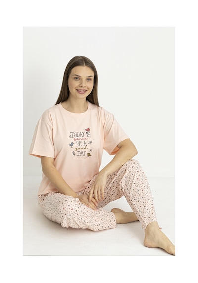 Estiva Kadın Kalp Alt Desenli Somon Penye Lycra Kısa Kollu Pijama Takımı Çok renkli