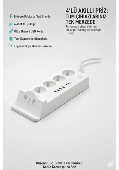 Akım Korumalı Priz Ve Masaüstü Şarj İstasyonu Kablosuz 4 Priz ,4 Usb, 2 Type-c Girişli 2 Metre 1