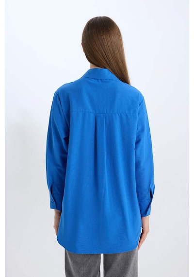DeFacto Relax Fit Poplin Basic Düz Uzun Kollu Gömlek Tunik D7342AX25SPBE463 Mavi