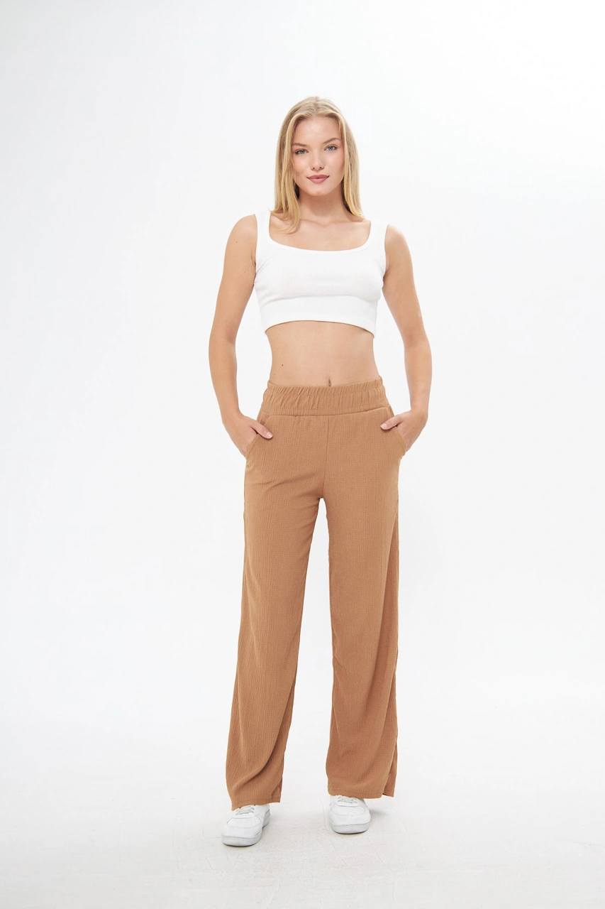 Kahverengi Beli Lastikli Bol Paça Çift Cepli Yüksek Bel Bürümcük Örme Kadın Pantolon Camel