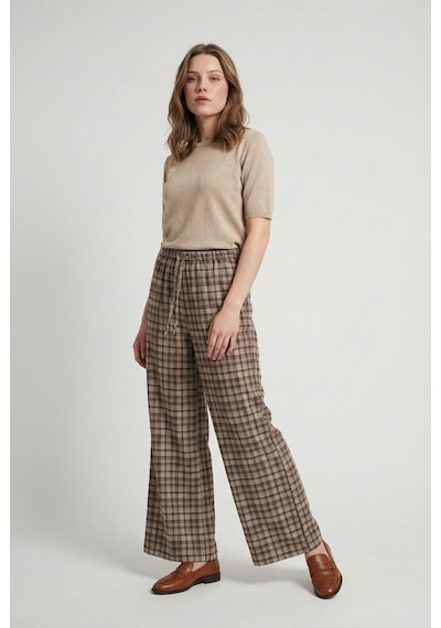 Madmext Kahverengi Lastikli Bel Geniş Paça Ekose Pantolon Mg2658 Kahverengi