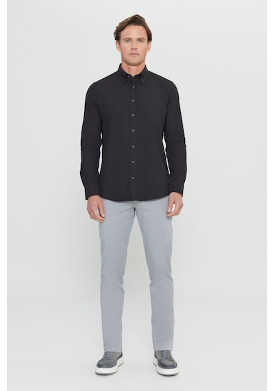Erkek Sıyah Slim Fit Dar Kesim Düğmeli Yaka Pamuklu Oxford Gömlek Siyah