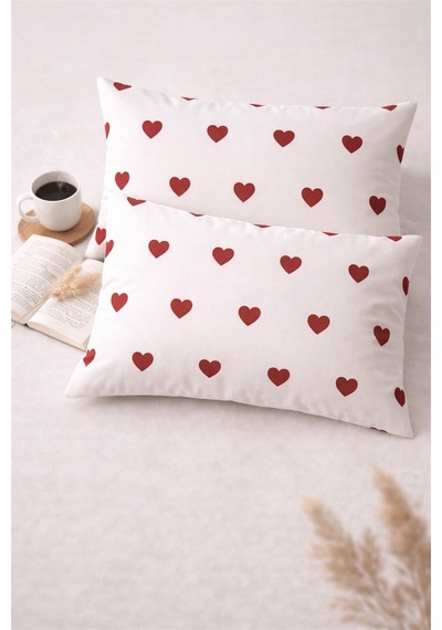 More Home Pamuklu Yastık Kılıfı 2 Adet 50 x 70 cm Kalp Desenli Kırmızı Beyaz