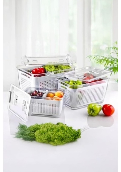 Beyaz 2'li 2,5 Litre Süzgeçli Bölmeli Organizer Buzdolabı Hava Geçirmez Saklama Kabı Diğer