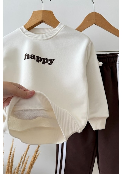 Zuzunga Unisex Çocuk Happy Yazı Baskılı Sweatshirt Ve Şerit Detaylı Bol Paça Eşofman Takımı BEYAZ