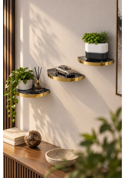 Sulorahome 3'lü Oval Duvar Rafı Siyah Mermer Desenli Gold Kenarlı