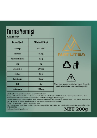 Natutea Turna Yemişi Cranberry 200 G Kuru Meyve 200 G