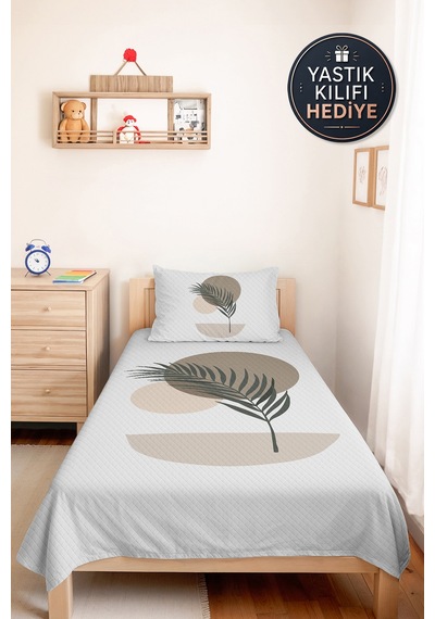Botanik Bej Genç Odası Tek Kişilik Pike Takımı - Minimal Vizon Yeşil 160x220 Cm Yatak Örtüsü Gölge Papatya Aralığı