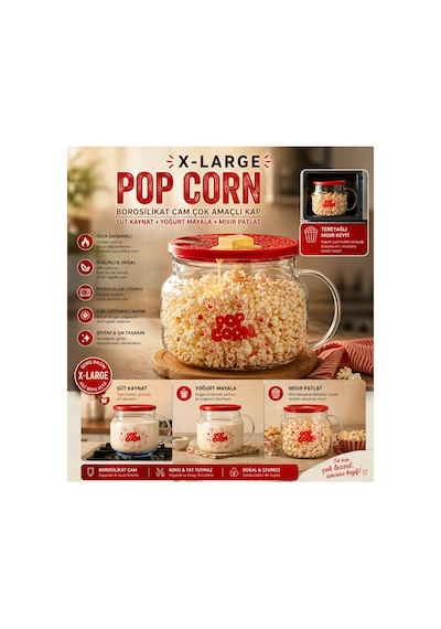 Cam Borosilikat X-large Çok Amaçlı Popcorn & Yoğurt Kabı Kırmızı