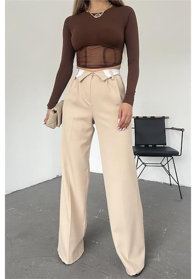 Neşeli Butik Kadın Bej Bol Paça Palazzo Kumaş Pantolon Qns036 Bej