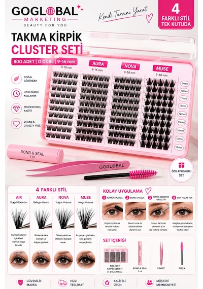 4 Farklı Stil Cluster Takma Kirpik Seti D Curl 9-16 Mm Mix Aır Aura Nova Muse Bond & Seal Cımbız Fır